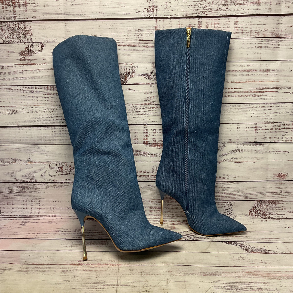 Schutz Blue Denim Jean Material Tall Heel Boot Women Size 9