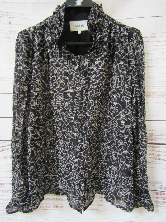 Ba&sh Amelia Women's Black Floral Metallic Embroidered Long Sleeve Blouse Size 1