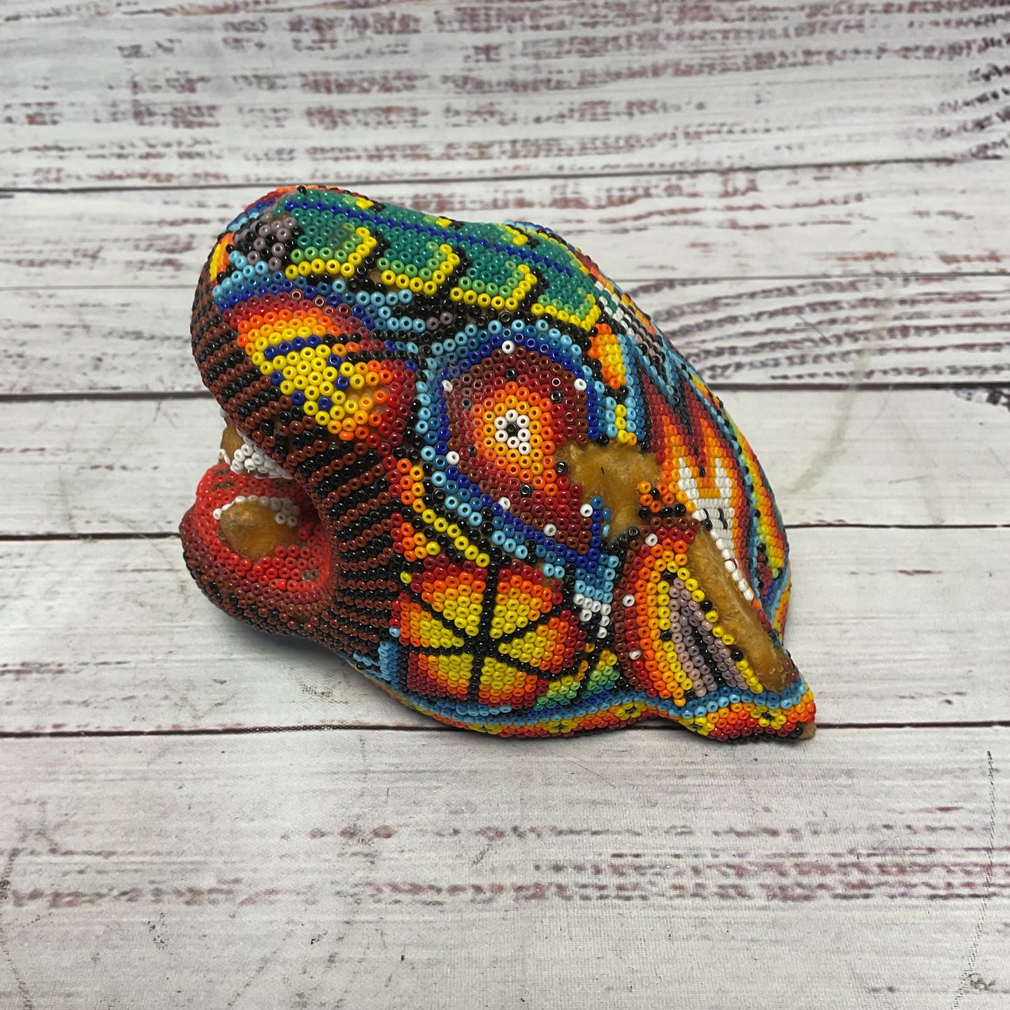Wixárika Huichol Colorful Beaded Jaguar Head Jalisco Mexico Sculpture Obdulia