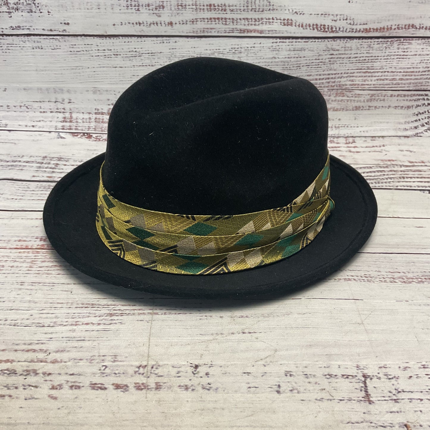 Louise Green Black Fedora Yellow Jacquard Band Hat - Size S