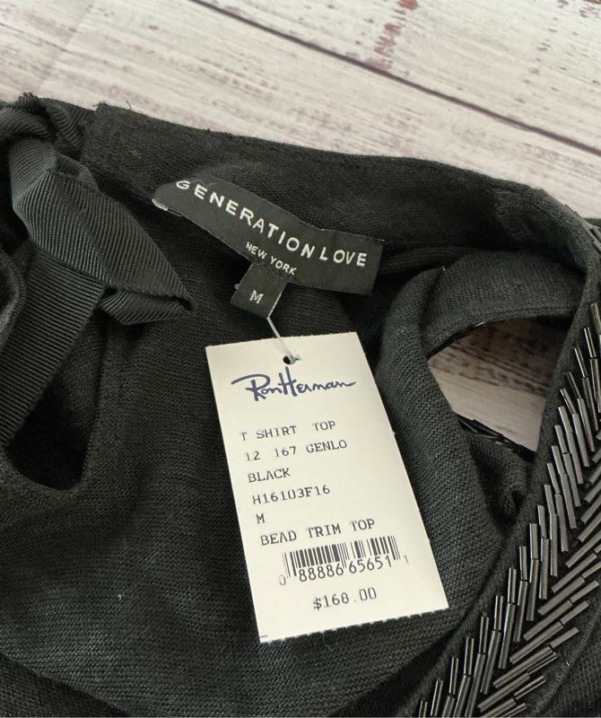 NWT Women's Generation Love Black Linen Top with beading Size M Retail $160