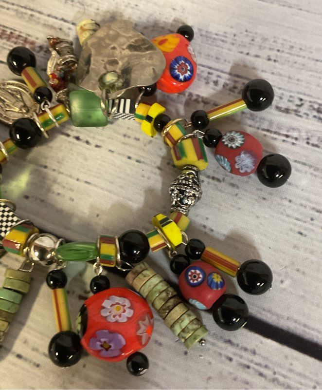 Elastic Charm Bracelet Silver Glass & Stone Charms