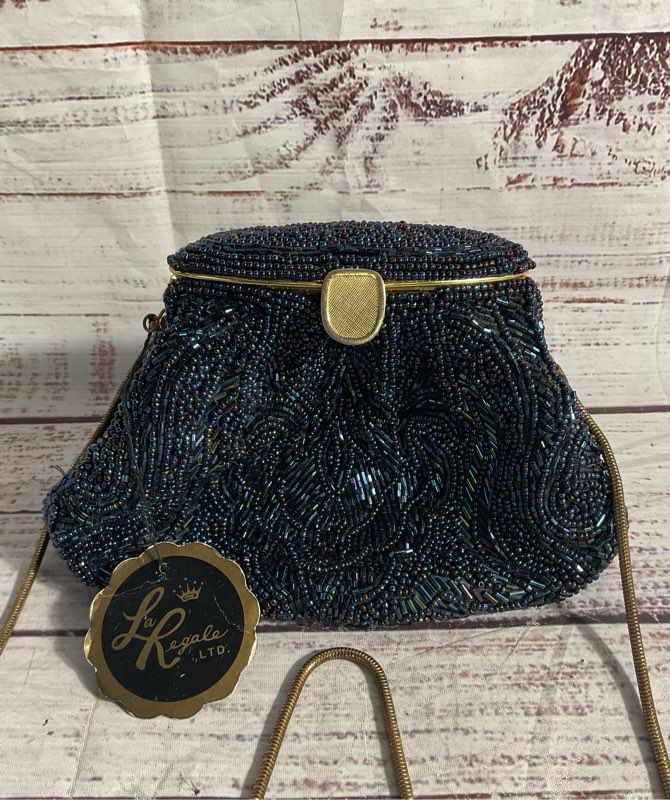 Vintage La Regale Metallic Beaded Dark Blue Clutch Bag Gold Tone Strap