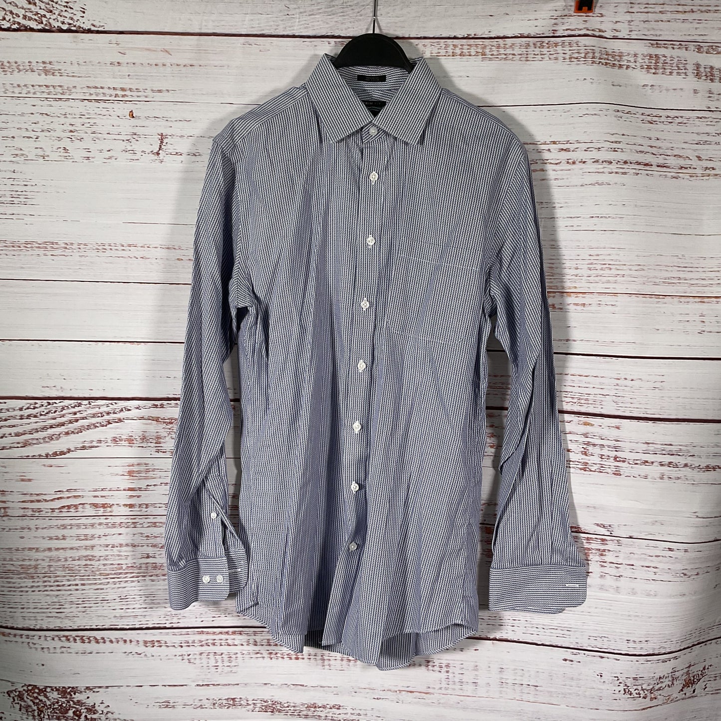 Neiman Marcus Blue White Geometric Pattern Long Sleeve Dress Shirt 15.5 34/35