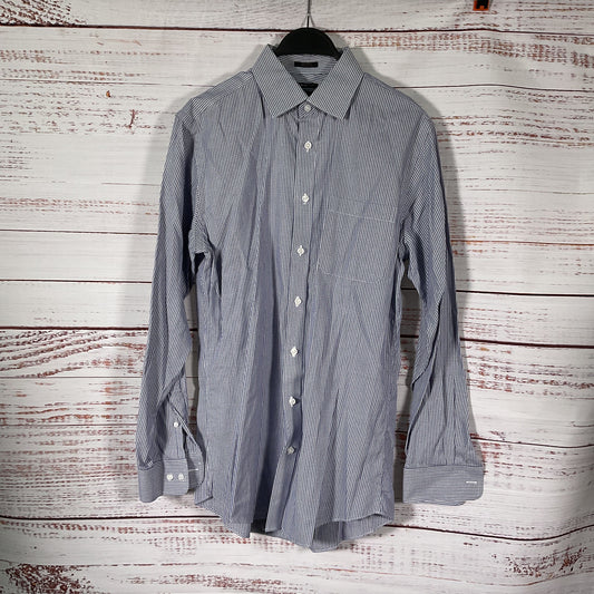 Neiman Marcus Blue White Geometric Pattern Long Sleeve Dress Shirt 15.5 34/35