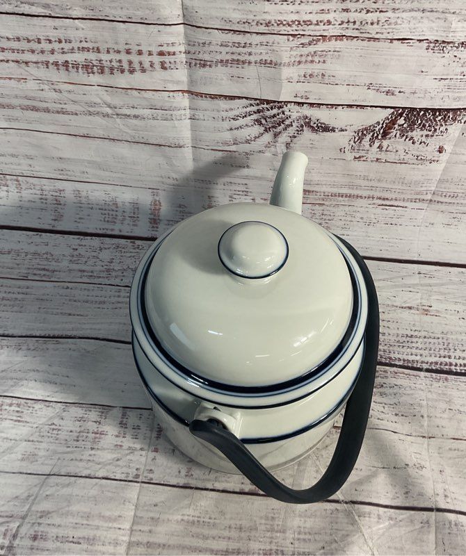 Vintage Dansk White & Blue Striped Bistro Tea Pot Japan With Handle 7.5"