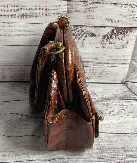 Vintage Leather Reptile Embossed Top Handle Bag Brown