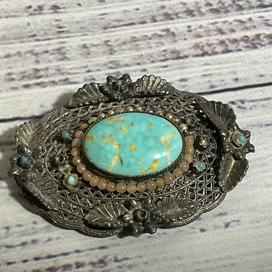 VTG./ANTIQUE Hubble Turquoise and Faux Pearl Filigree Silver Tone Brooch- 2.5"
