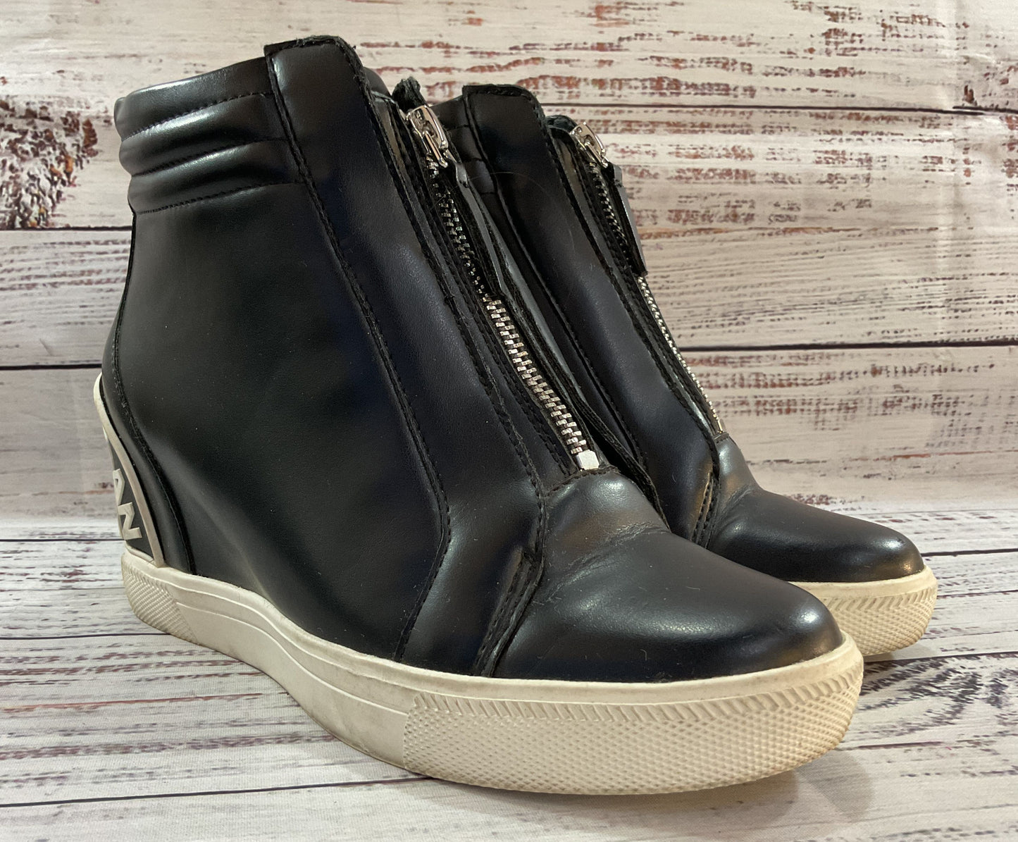 Donna Karan Women's Black Faux Leather Wedge Sneakers Size 6