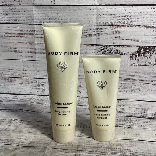 NEW Body Firm Crepe Erase Facial (6 oz) & Body (10 oz) Refining Exfoliant Bundle
