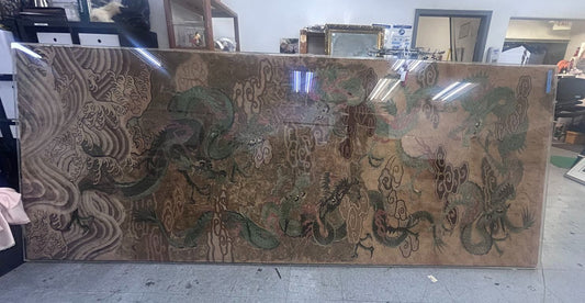 Large ANTIQUE Asian Japanese or Chinese Dragon Silk Tapestry Acrylic Frame- 127"