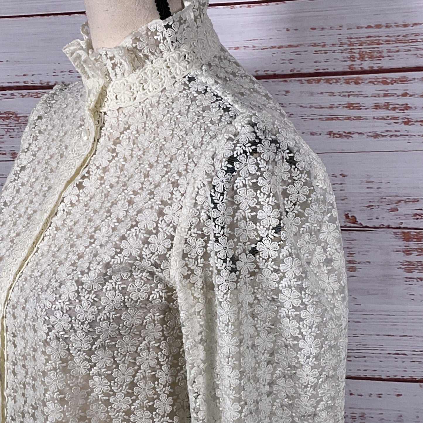 SEZANE Women's White Floral Lace Funnel Neck Long Sleeve Button-Up Blouse- SZ 34