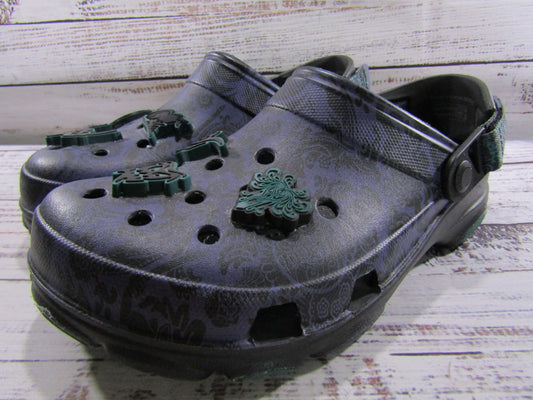 Crocs Haunted Mansion Wallpaper Black & Purple Slip-On Sandals Women's Size 9