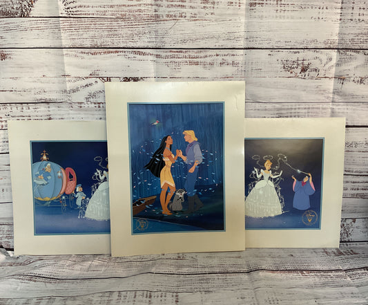 Disney Vintage Cinderella Pocahontas Lot of 3 Lithographs