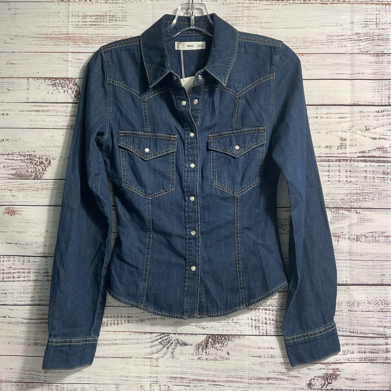 NWT MNG Jordan Dark Wash Denim Contrast Stitch Western Button Up Blouse Size XS