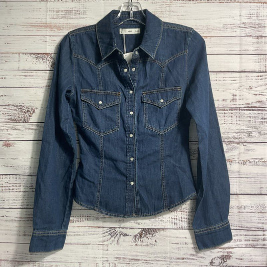 NWT MNG Jordan Dark Wash Denim Contrast Stitch Western Button Up Blouse Size XS