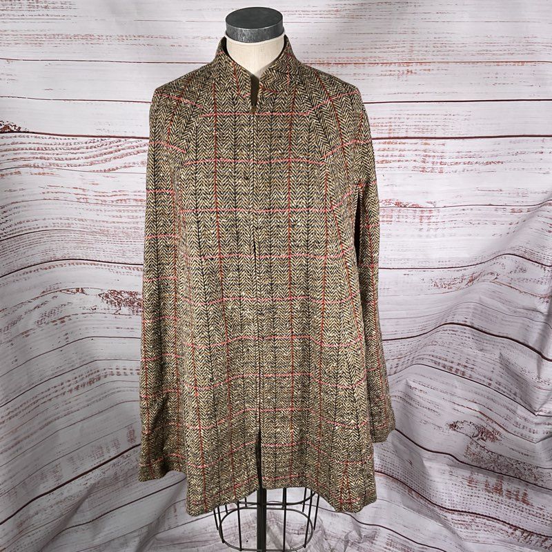 VTG. Young Pendleton Brown Plaid Tweed Virgin Wool Cloak/Cape Coat - Size 11/12