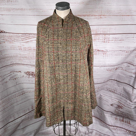 VTG. Young Pendleton Brown Plaid Tweed Virgin Wool Cloak/Cape Coat - Size 11/12