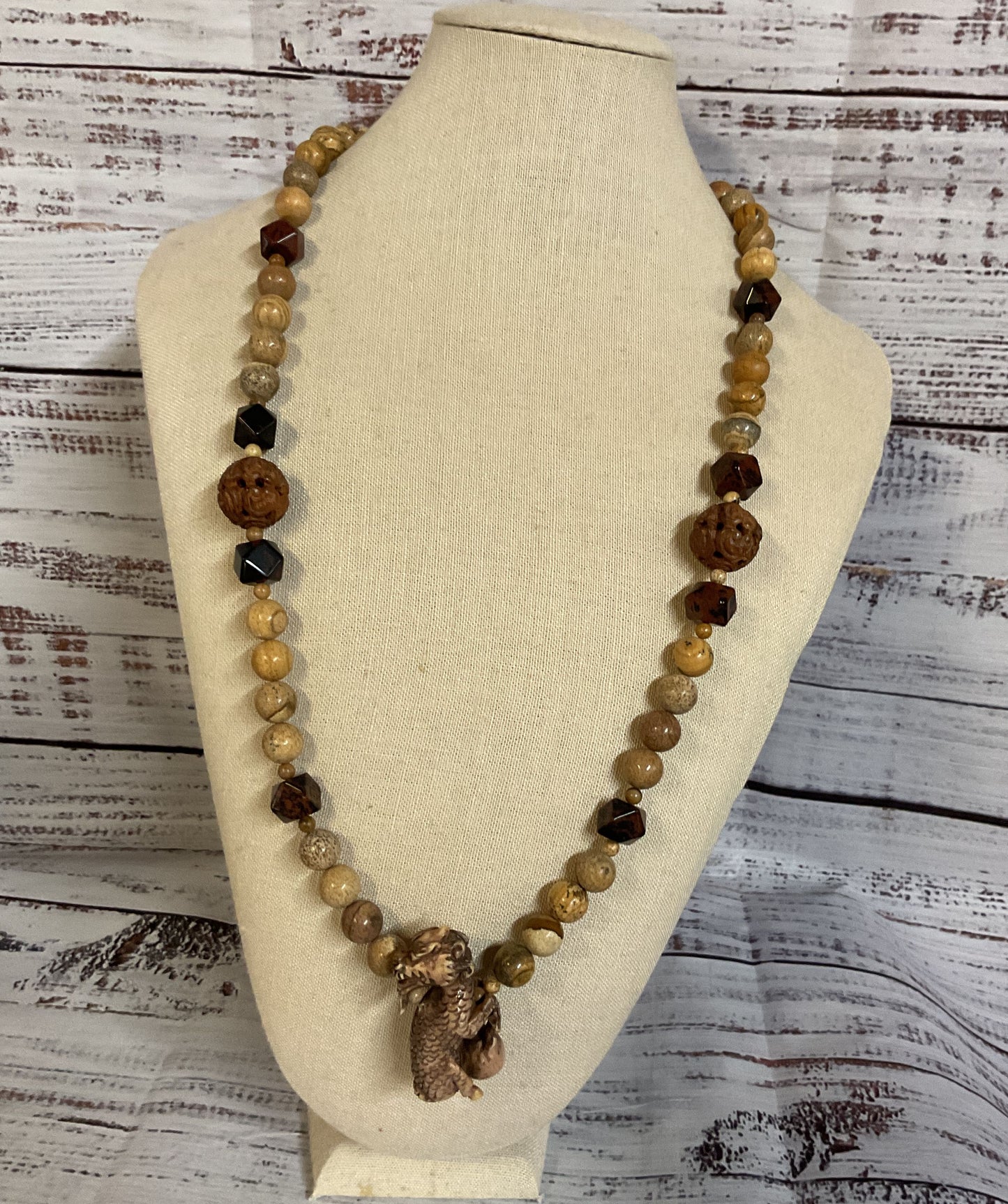 Jasper Beaded Carved Wood Dragon Pendant Vintage Necklace Silver Filigree Clasp