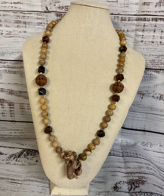 Jasper Beaded Carved Wood Dragon Pendant Vintage Necklace Silver Filigree Clasp