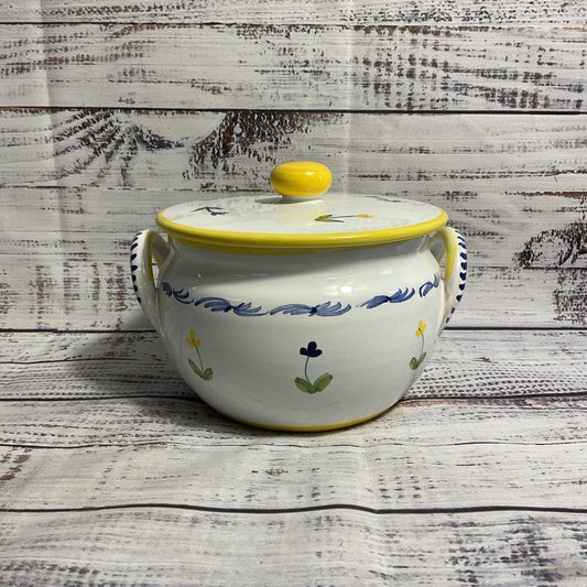 Sigma Hand Painted Italian Ceramic Floral Two Handled Serving Bowl w/ Lid