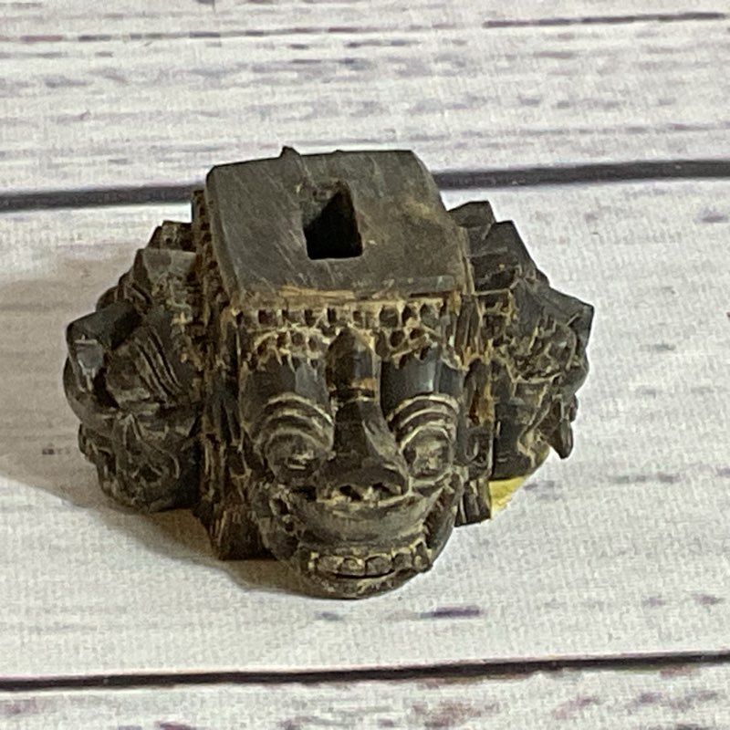 ANTIQUE Japanese Black Wood Carved Masks Figurine Display Stand- 1.25"