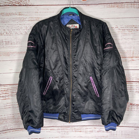 VTG. Point Zero Black Satin Purple Accent Full Zip Bomber Jacket - Size M