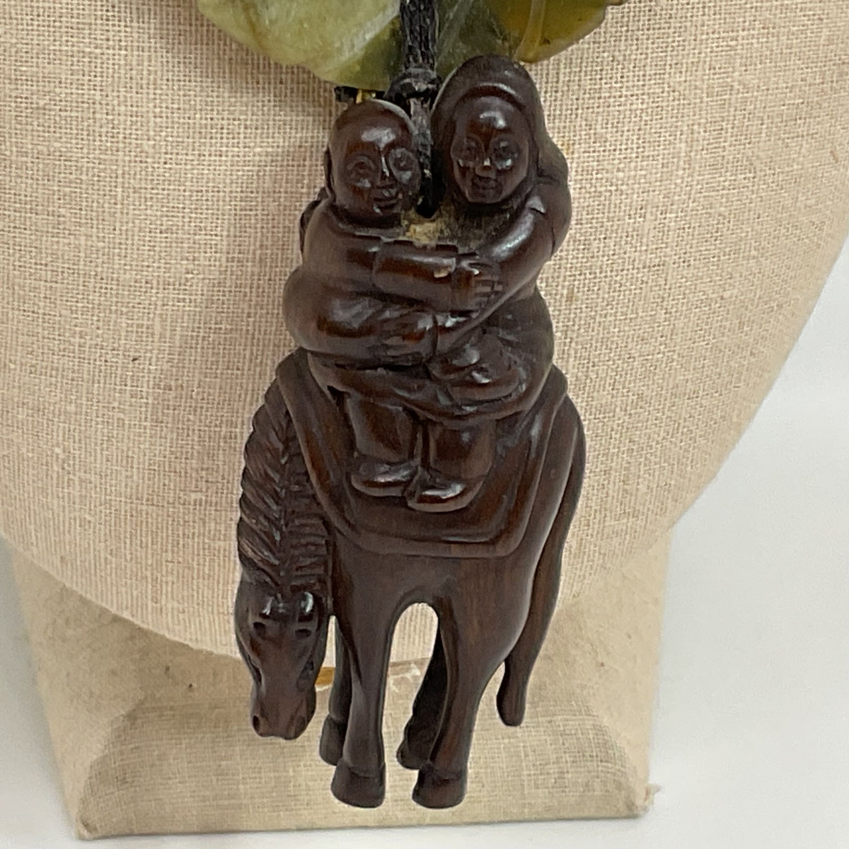 Signed ANTIQUE Japanese Carved Wood Netsuke and Jade Disc Pendant Necklace