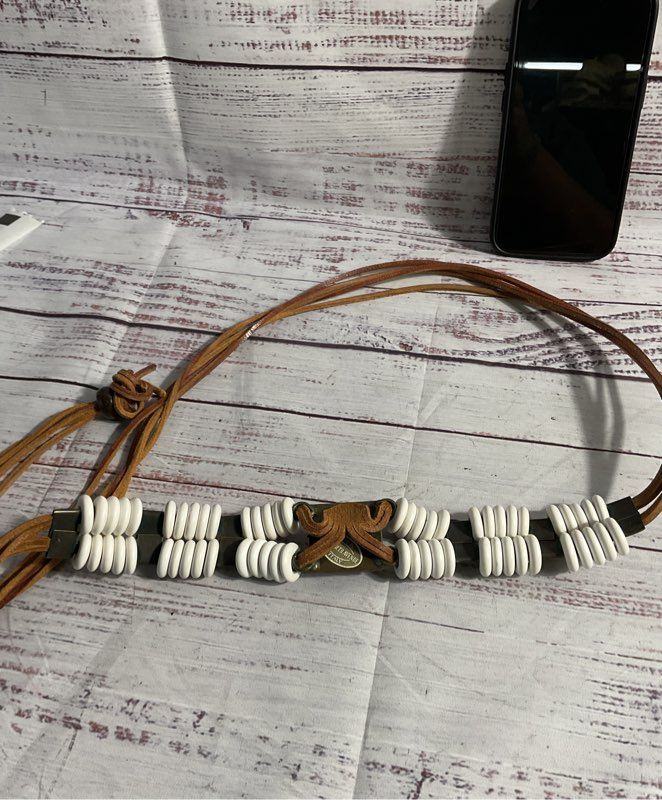 Vintage Saks Fifth Avenue White Beaded Square Buckle Leather Tie Belt