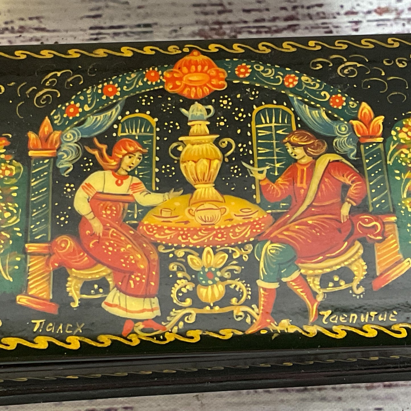VTG. Russian Black Lacquer Hand Painted Trinket Box- 5" x 2.75"
