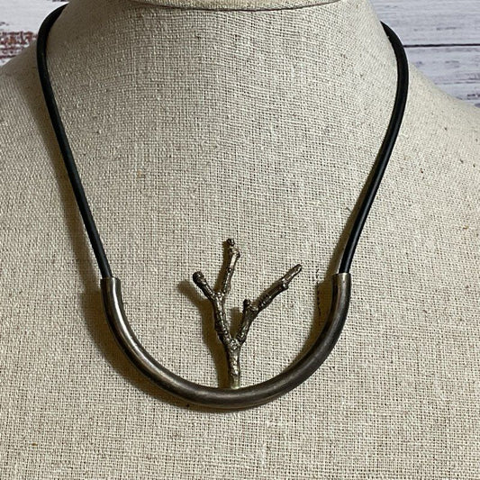 VTG. Modernist Sterling Silver Branch & Black Rubber 19" Necklace