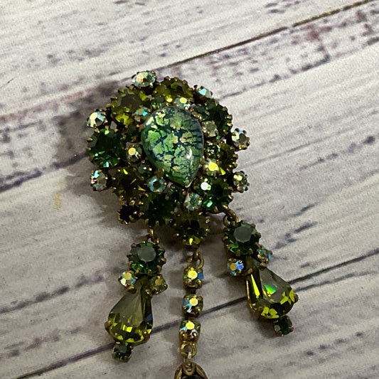 VTG. In Style of CLAUDETTE Cat Foil Glass & Rhinestone Brooch- 2.75"