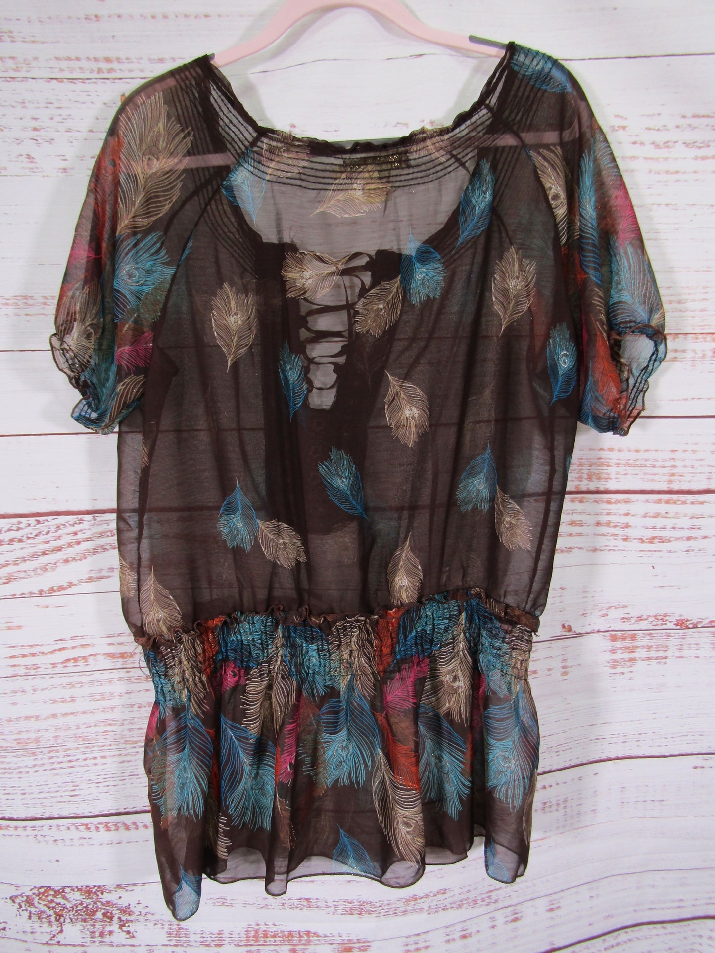 Michael K Women's Multi-Color Feather Print Blouse Size L