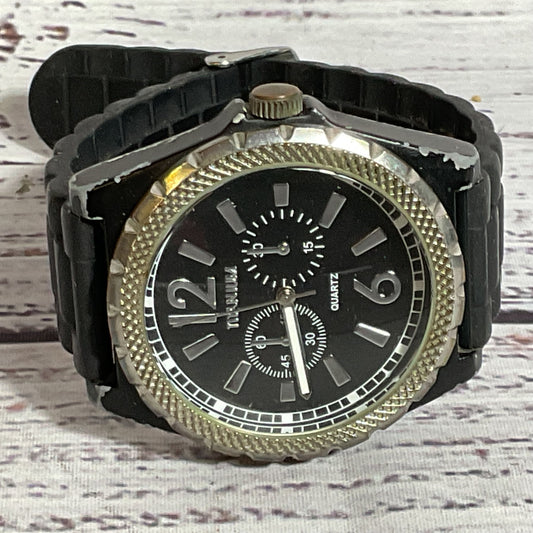 TITANIUM Men's Silver Tone 46mm Quartz Watch with Black Silicone Band