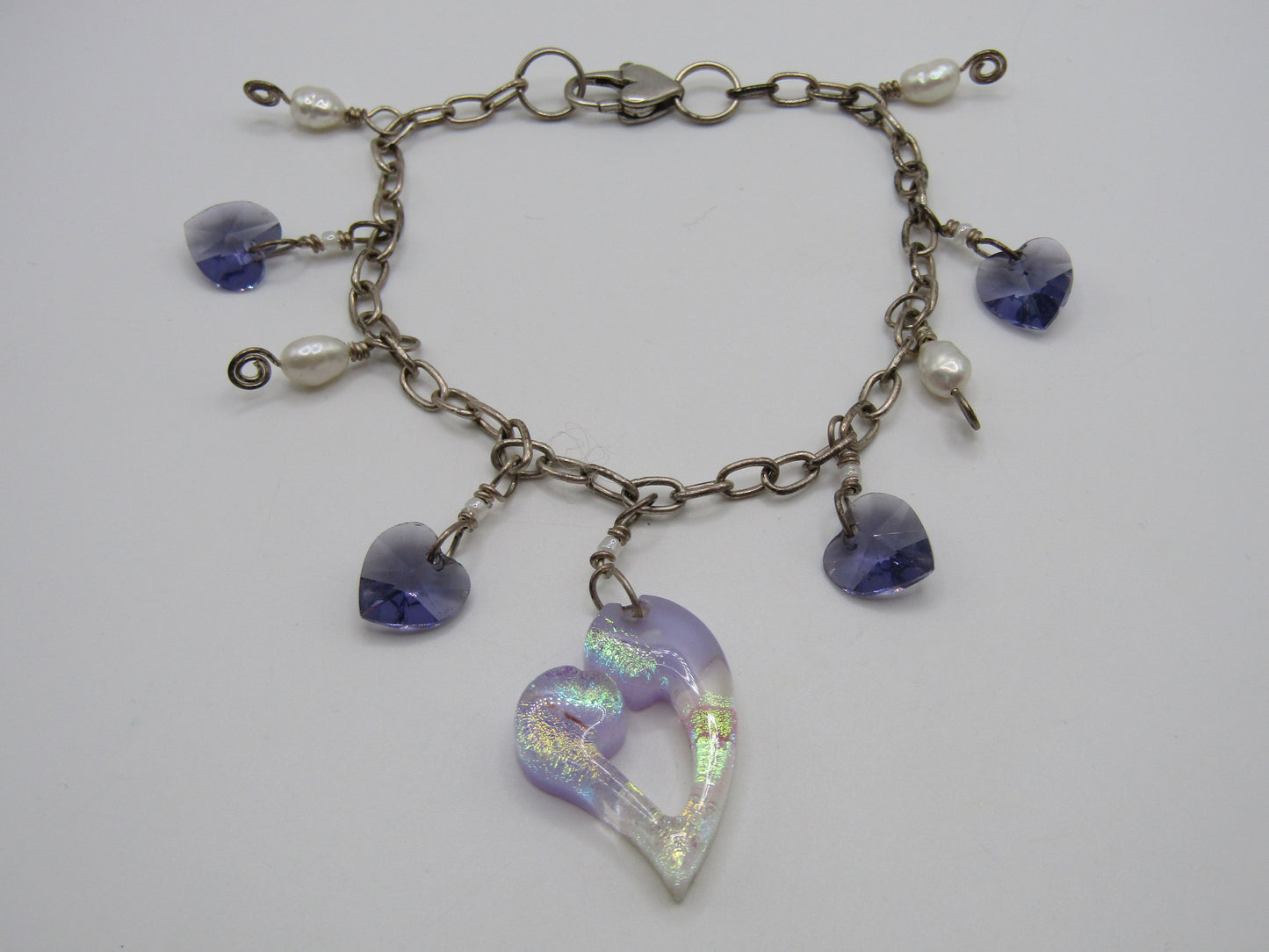 Artisan Handcrafted Sterling Silver Dichroic Glass Heart Charm Bracelet
