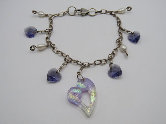 Artisan Handcrafted Sterling Silver Dichroic Glass Heart Charm Bracelet