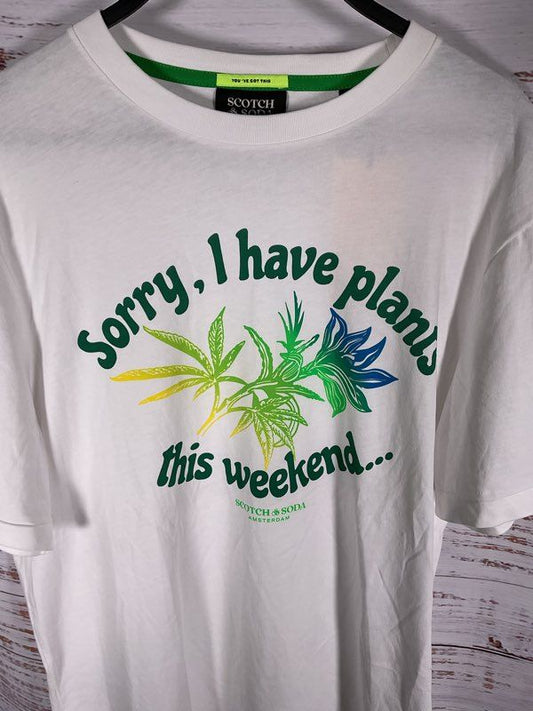 NWT Scotch & Soda White "Sorry, I Have Plants This Weekend" Logo T-Shirt Size M
