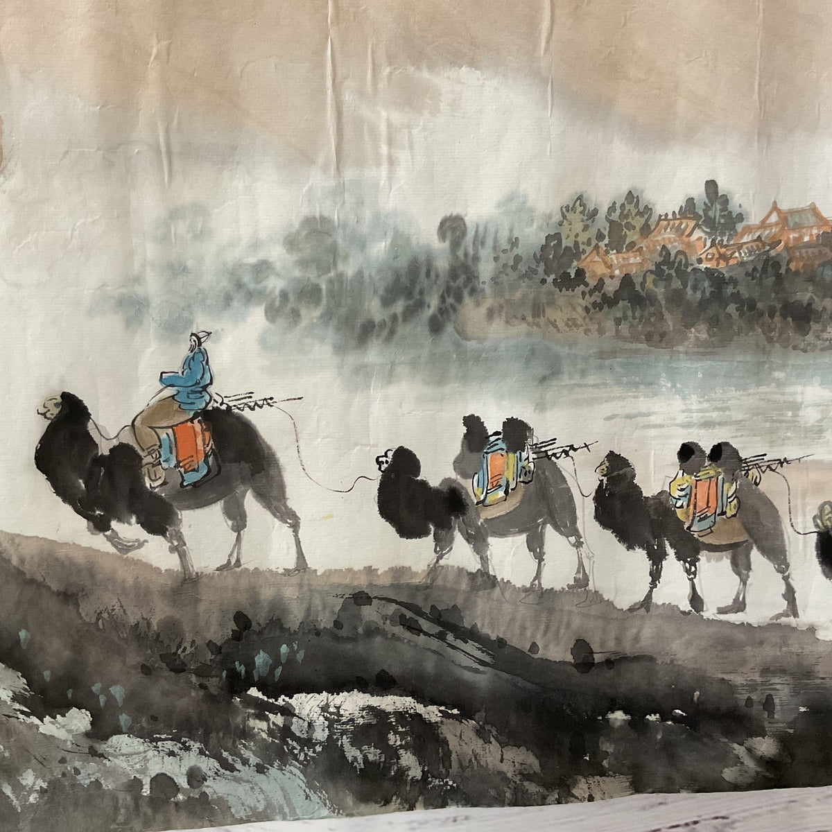 VTG/ANTIQUE Chinese Mingsha Mountain & Crescent Lake Ink & Color Painting- 48.5"
