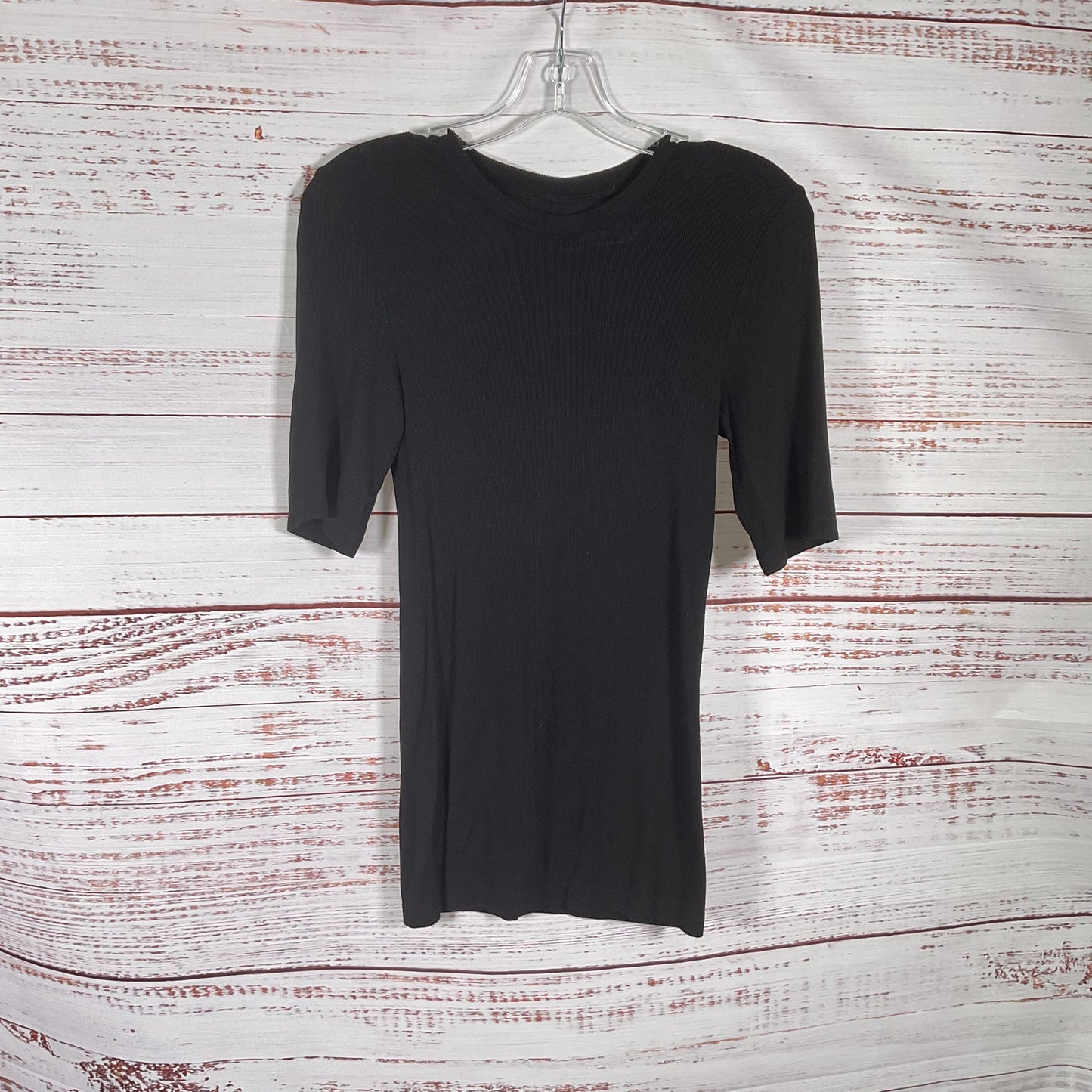 Enza Costa Black Rib Knit Fitted Half Sleeve Crew Neck Shirt - Size M