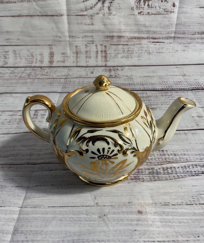 Sadler England Gold & Cream Stripe Mini Tea Pot Vintage 3.5"