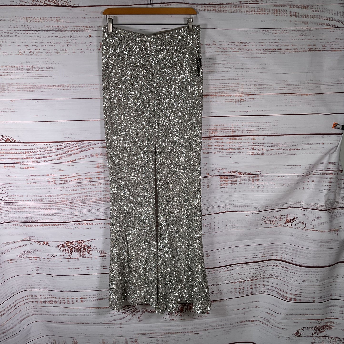 NWT EXPRESS Women's Silver Sequin High Waist Wide Leg Pants-SZ M