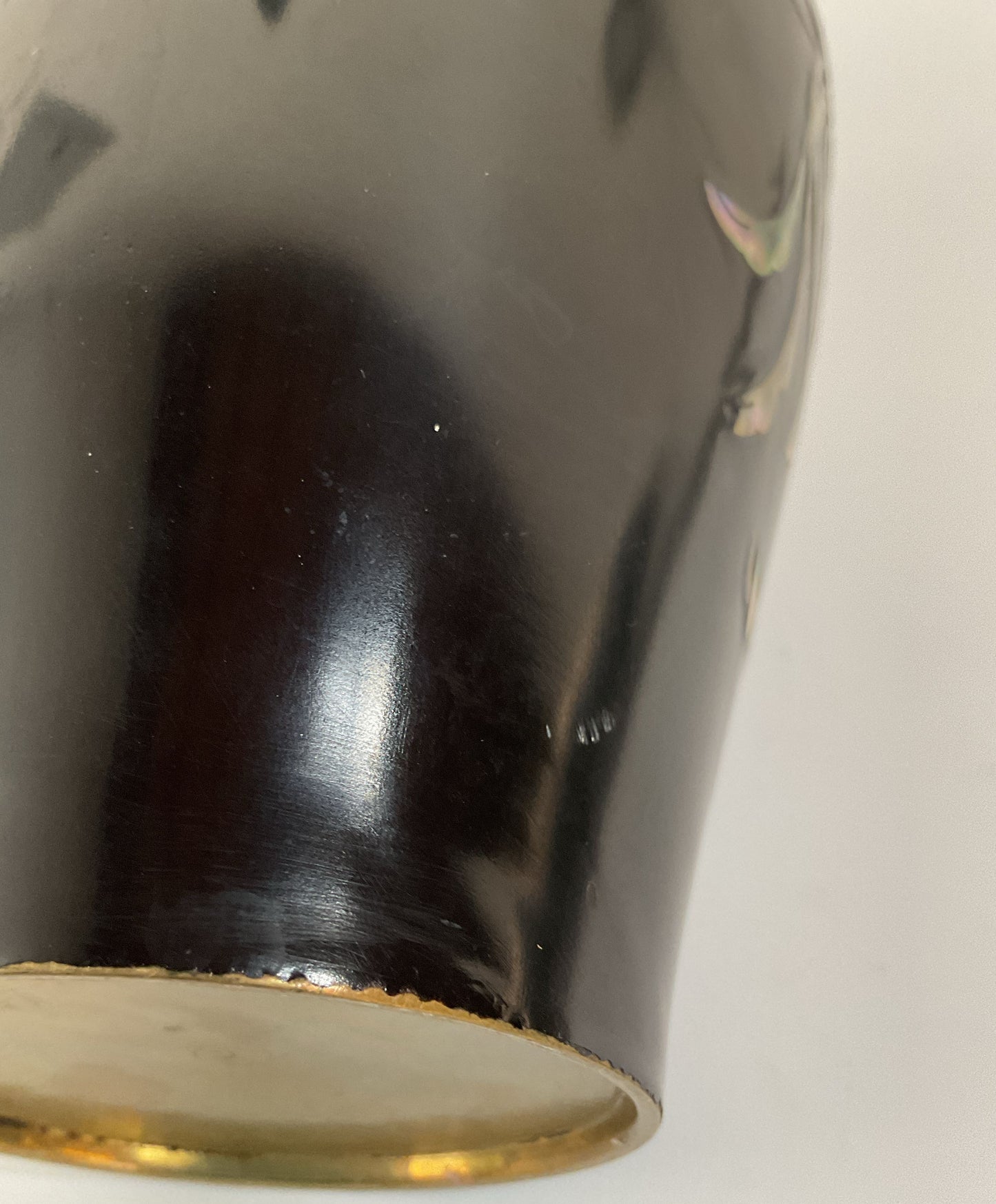 Vintage Brass Black Lacquer Floral Bird Motif Mother of Pearl Inlay Vase