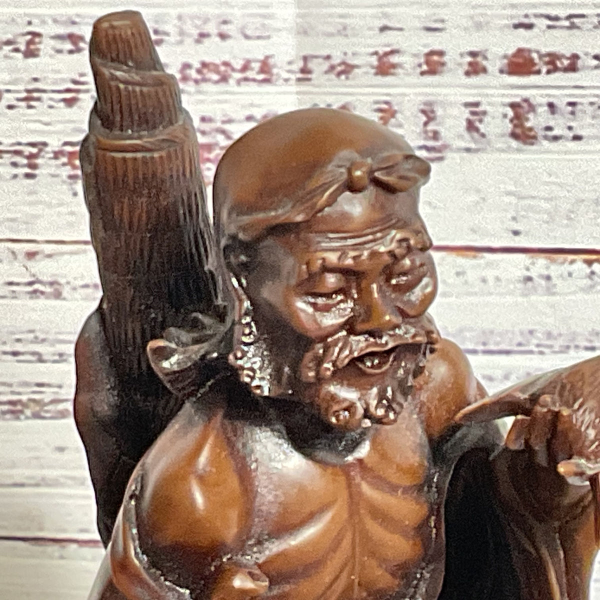 VTG./ANTIQUE Wood Carved Chinese Man, Child and Bat- 9"