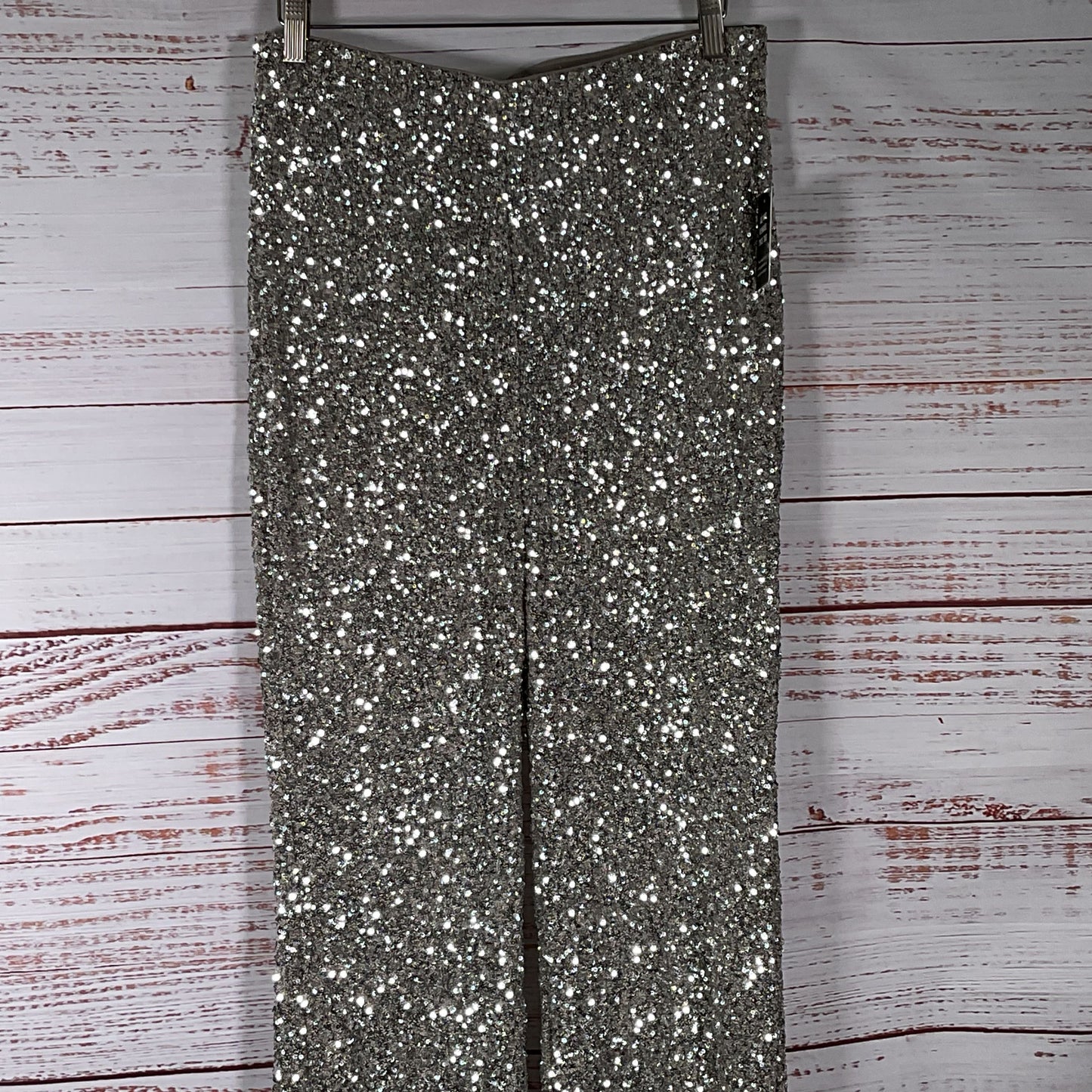NWT EXPRESS Women's Silver Sequin High Waist Wide Leg Pants-SZ M
