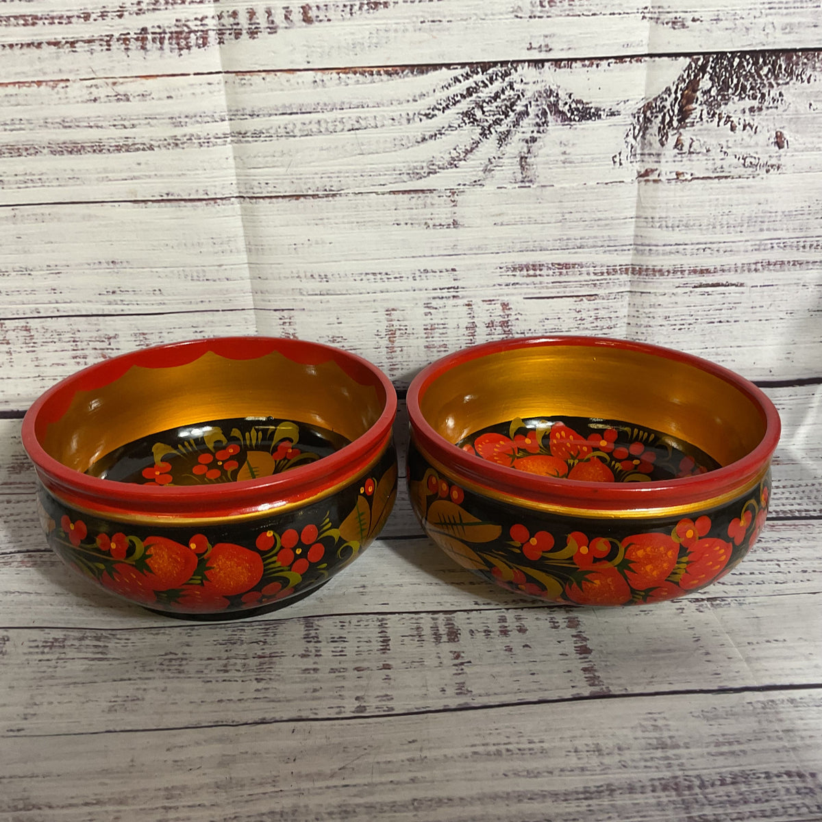 Set of 2 VTG. Russian USSR Khokhloma Folk Hand Painted Wooden Bowl 5.25”