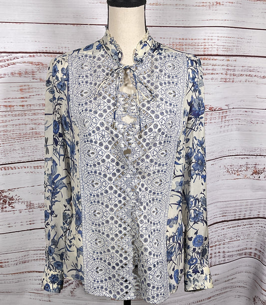 Gucci Silk Floral Lace Snap Button Long Sleeve Blouse Blue White 44
