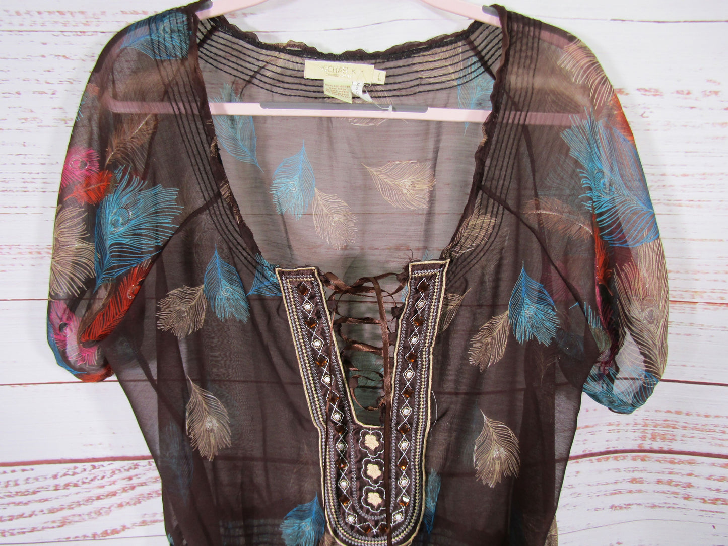 Michael K Women's Multi-Color Feather Print Blouse Size L