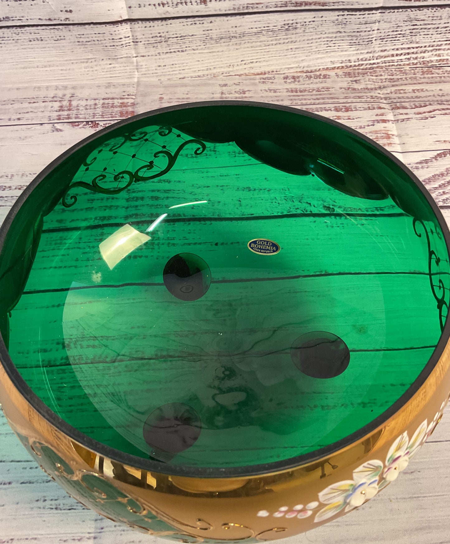 Gold Bohemia Czech Republic Green Glass Bowl