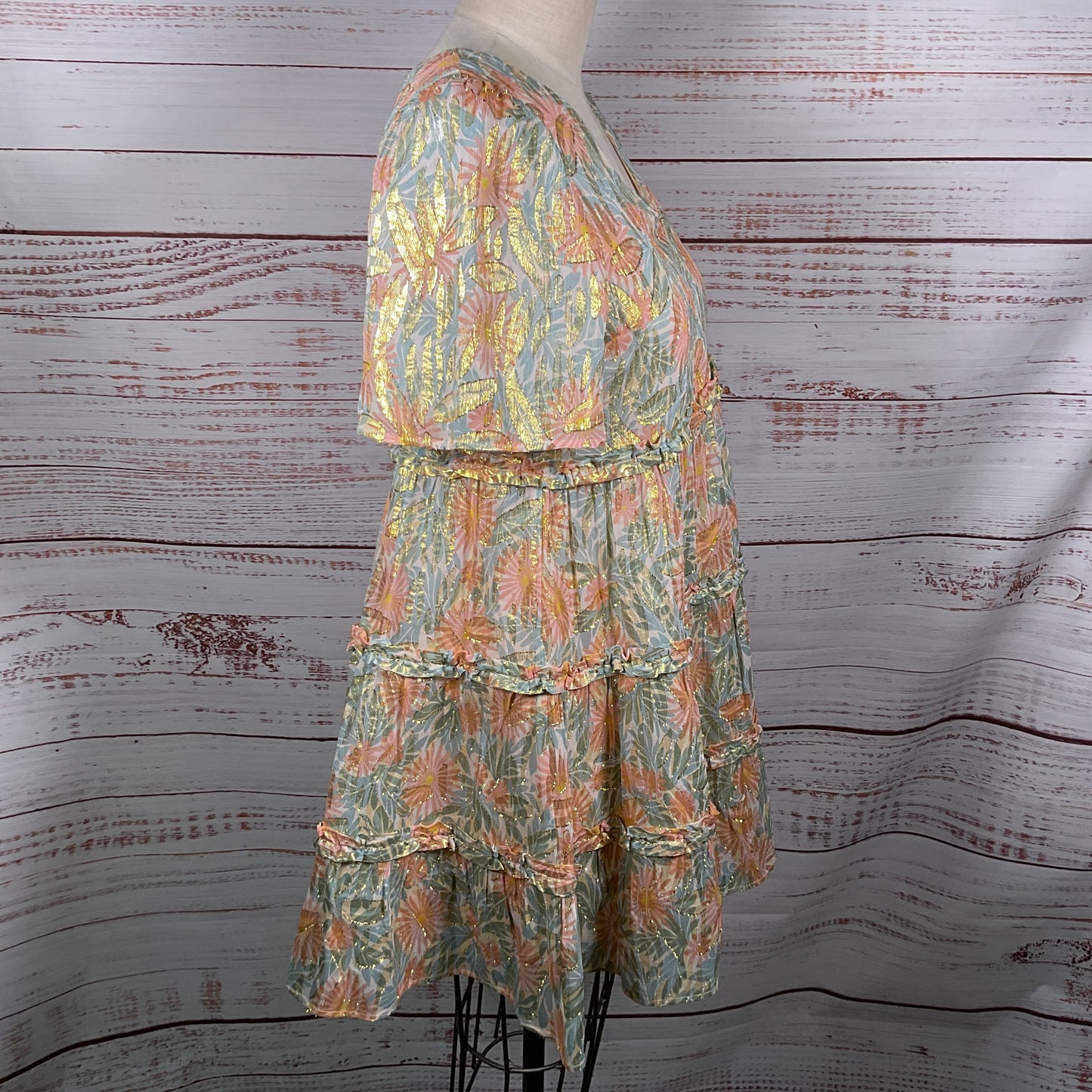 SEZANE Women's Floral Metallic Ruffle Short Dress- SZ 34