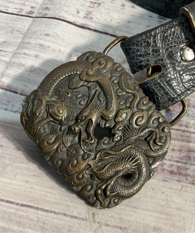 Vintage Bergamot Brass Works Dragon Brass Belt Buckle & Justin Leather Belt 36